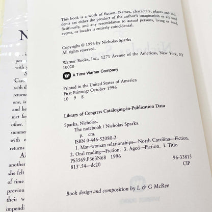 The Notebook by Nicholas Sparks [FIRST EDITION] 1996 • Warner Books *See Condition