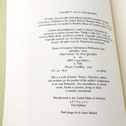 Object Lessons by Anna Quindlen SIGNED! [FIRST EDITION] 1991 • Random House