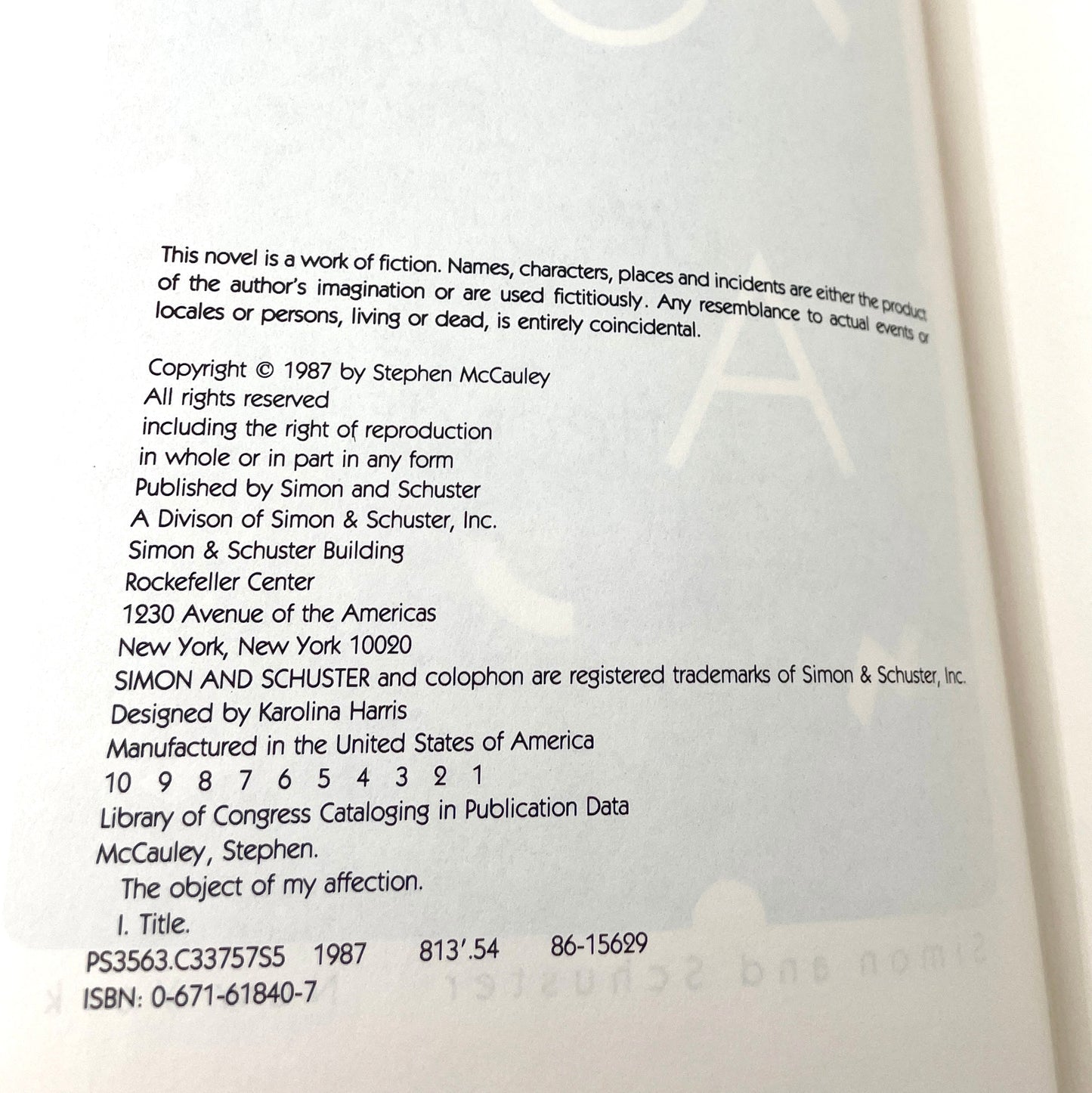 The Object of My Affection by Stephen McCauley [FIRST EDITION • FIRST PRINTING] 1987 • Simon & Schuster