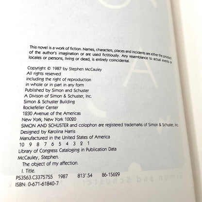 The Object of My Affection by Stephen McCauley [FIRST EDITION • FIRST PRINTING] 1987 • Simon & Schuster