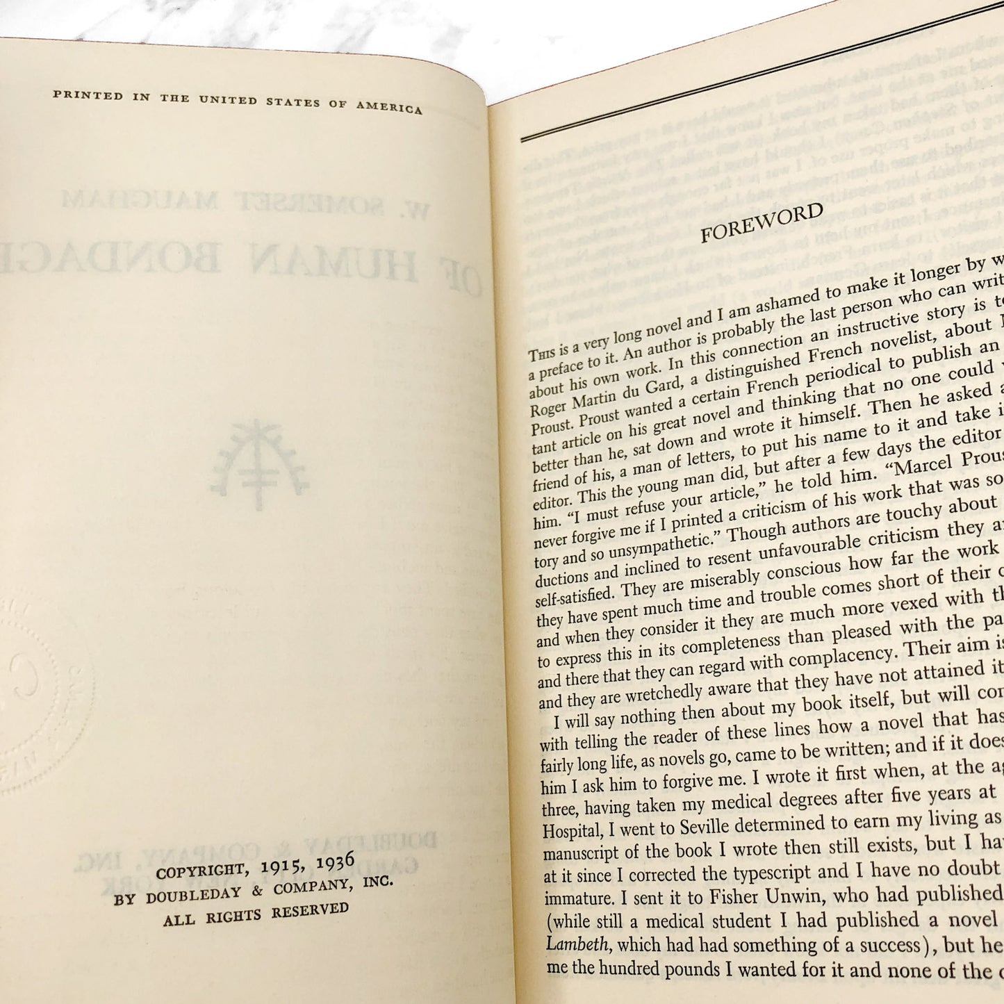 Of Human Bondage by W. Somerset Maugham [FIRST BOOK CLUB EDITION] 1936 • Doubleday & Company