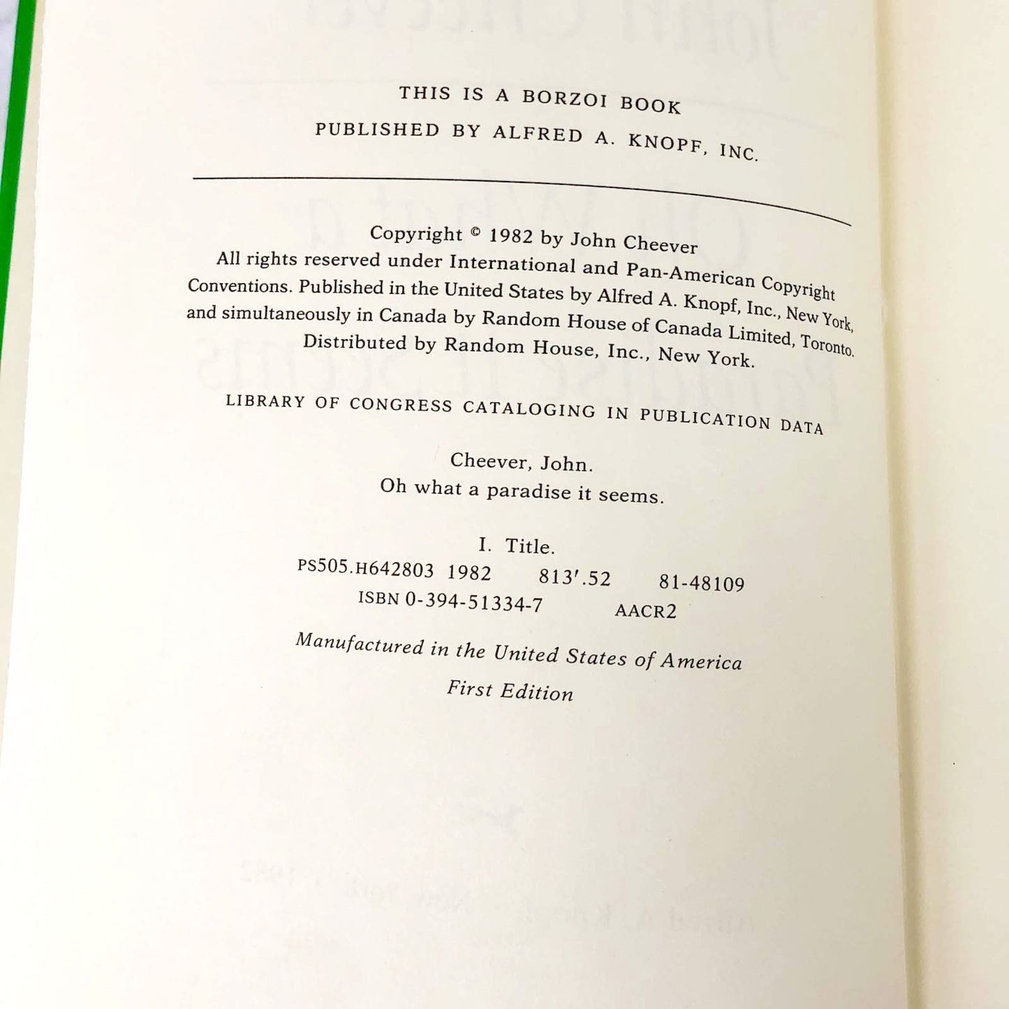 Oh What A Paradise It Seems by John Cheever [FIRST EDITION • FIRST PRINTING] 1982