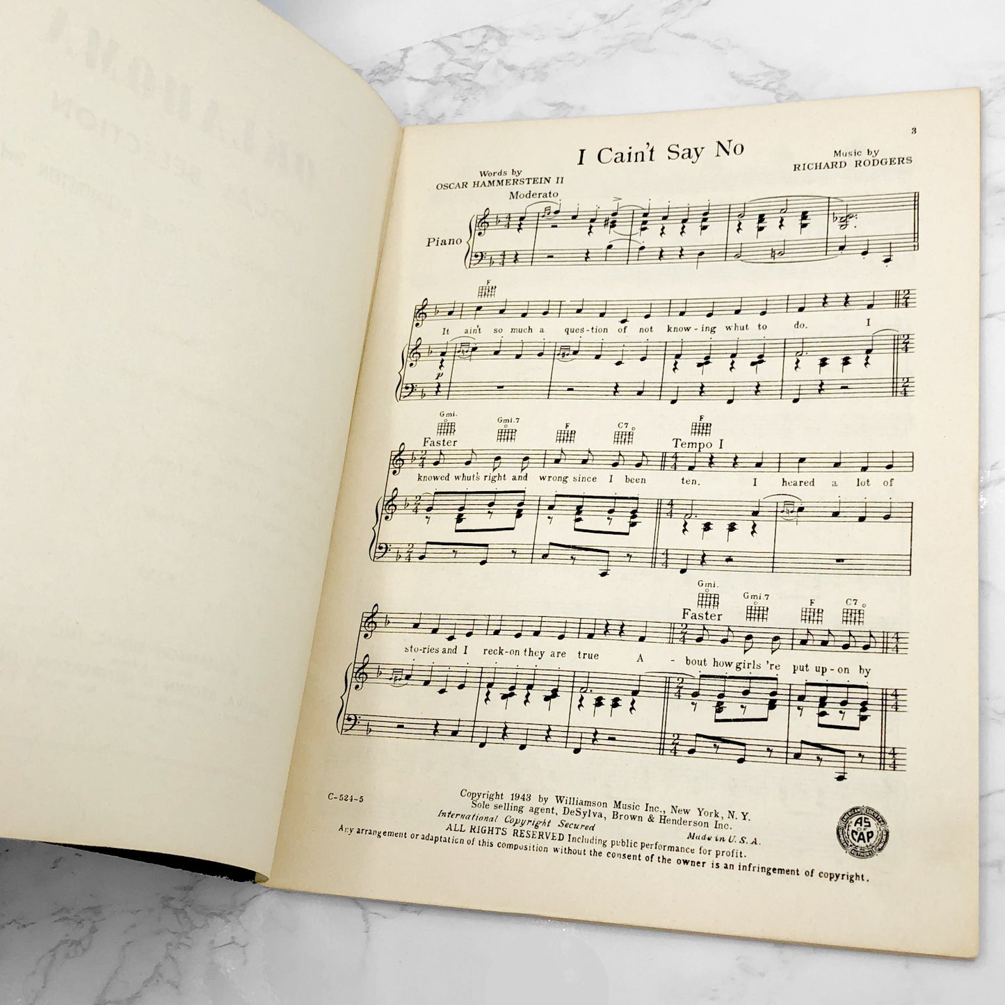 Oklahoma! Vocal Selection by Richard Rodgers & Oscar Hammerstein [ANTIQUE SHEET MUSIC] 1943 • Williamson Music Inc.