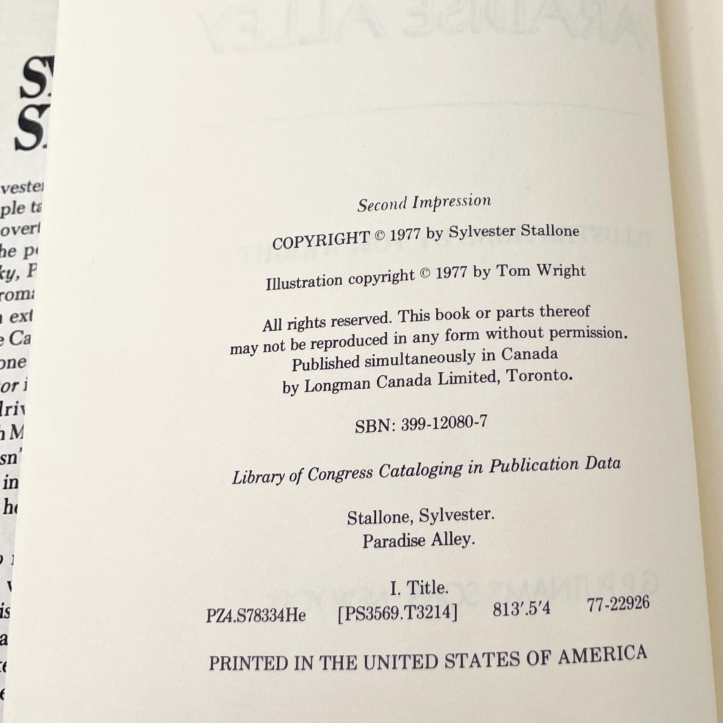 Paradise Alley: A Novel by Sylvester Stallone [1977 HARDCOVER] BCE • G.P. Putnam's Sons