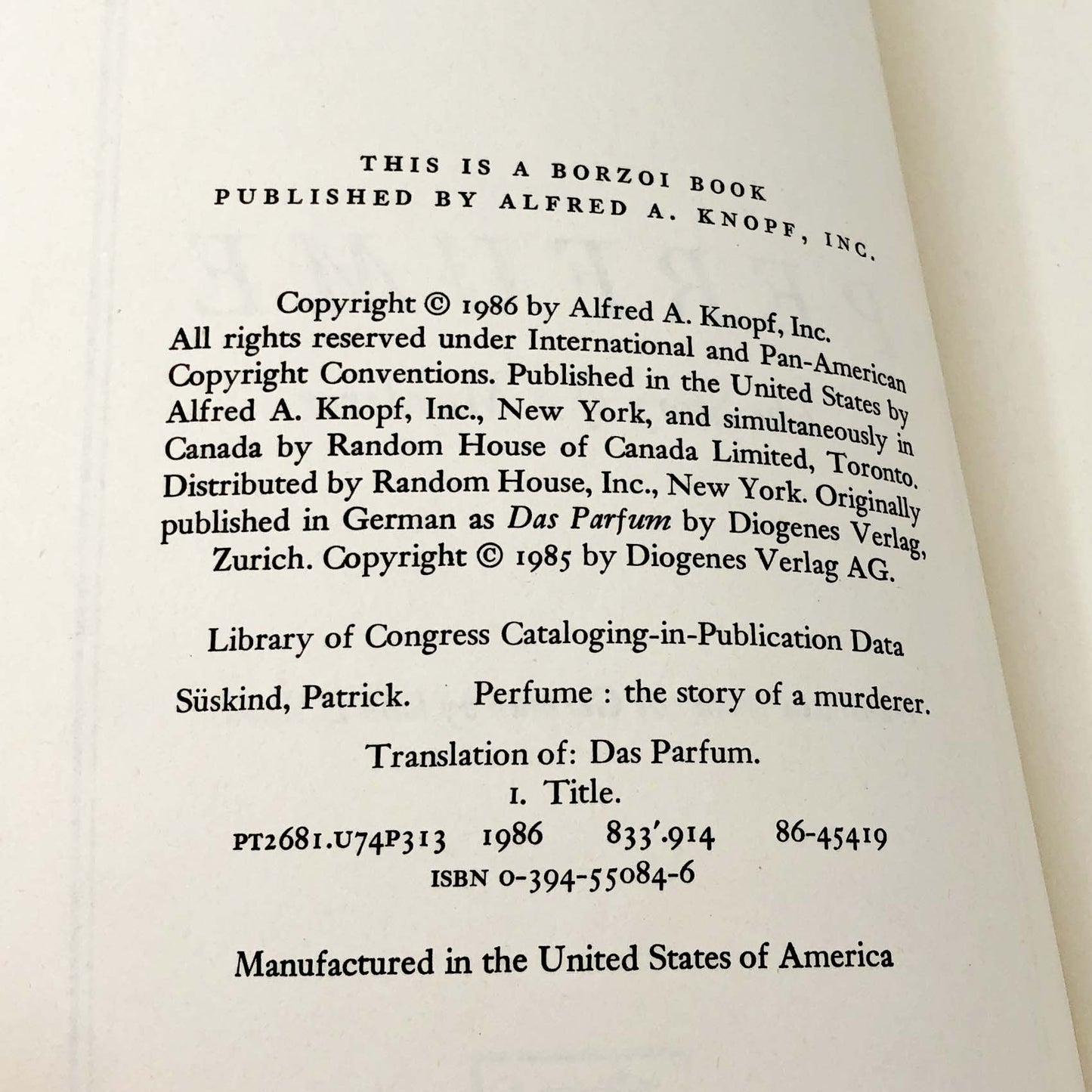 Perfume: The Story of a Murderer by Patrick Süskind [RARE FIRST EDITION PAPERBACK] 1986 • Knopf.