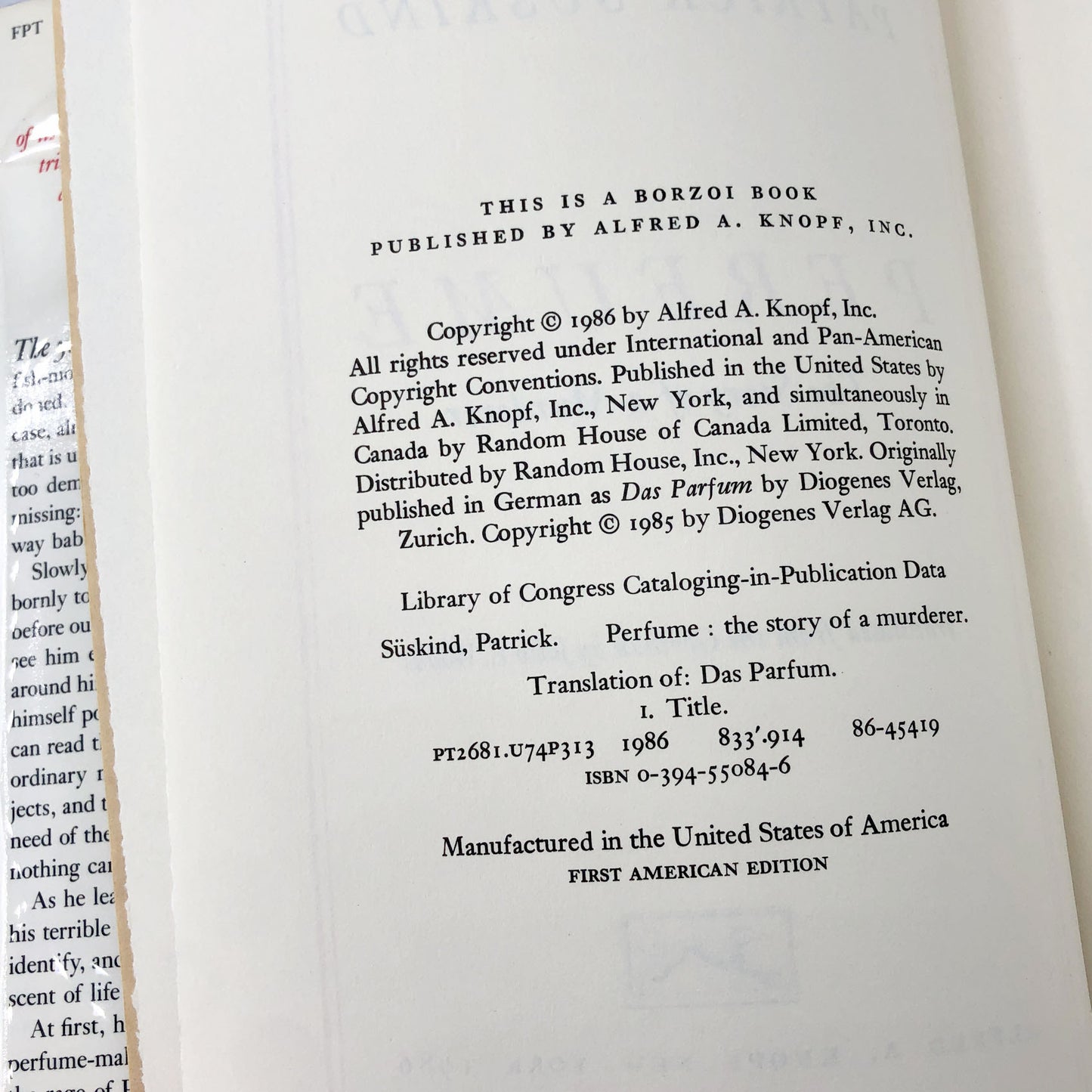 Perfume: The Story of a Murderer by Patrick Süskind [FIRST EDITION • FIRST PRINTING] 1986 • Knopf