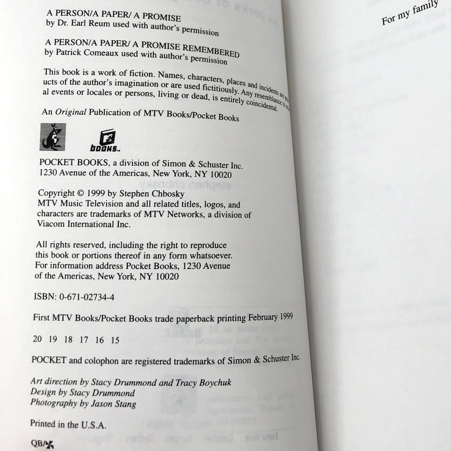 The Perks of Being a Wallflower by Stephen Chbosky [FIRST EDITION PAPERBACK] 1999 • MTV