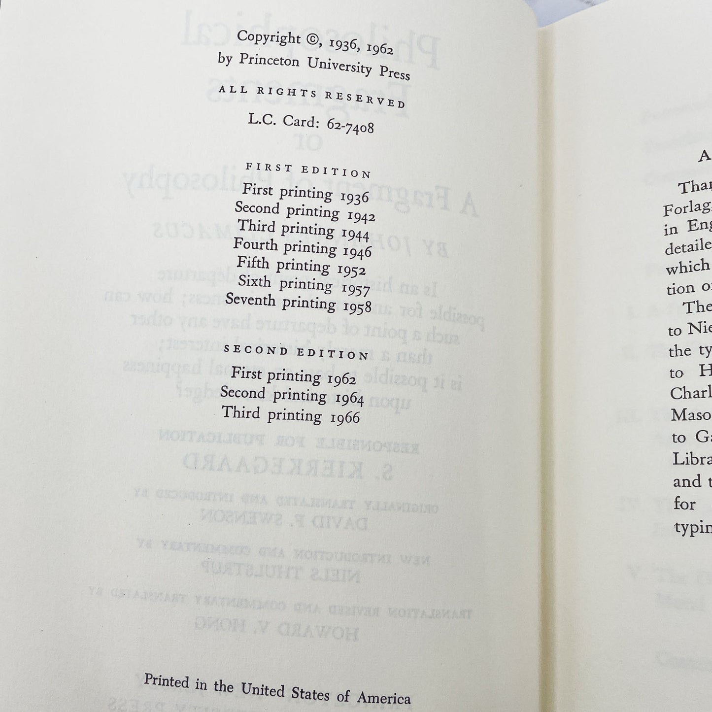 Philosophical Fragments by Johannes Climacus 'aka' Søren Kierkegaard [U.S. SECOND EDITION] 1962 • Princeton University