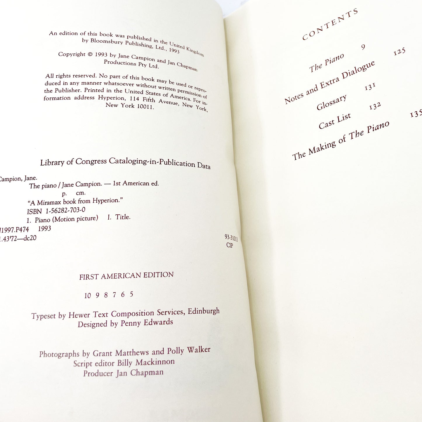 The Piano by Jane Campion [FIRST EDITION PAPERBACK] 1993 • Miramax
