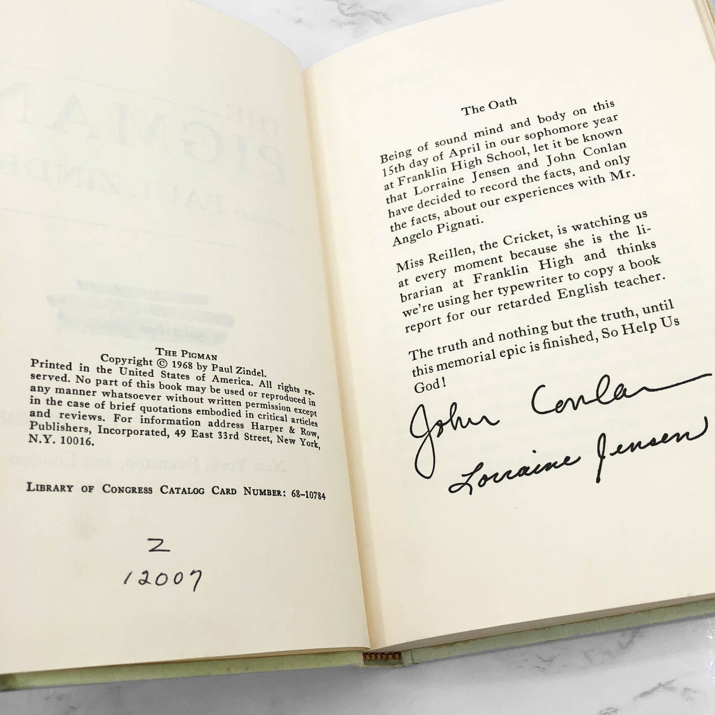 The Pigman by Paul Zindel [LIBRARY FIRST EDITION] 1968 • Harper & Row