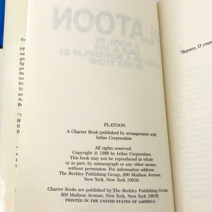 Platoon: A Novel by Dale A. Dye [1986 HARDCOVER] • Charter Books