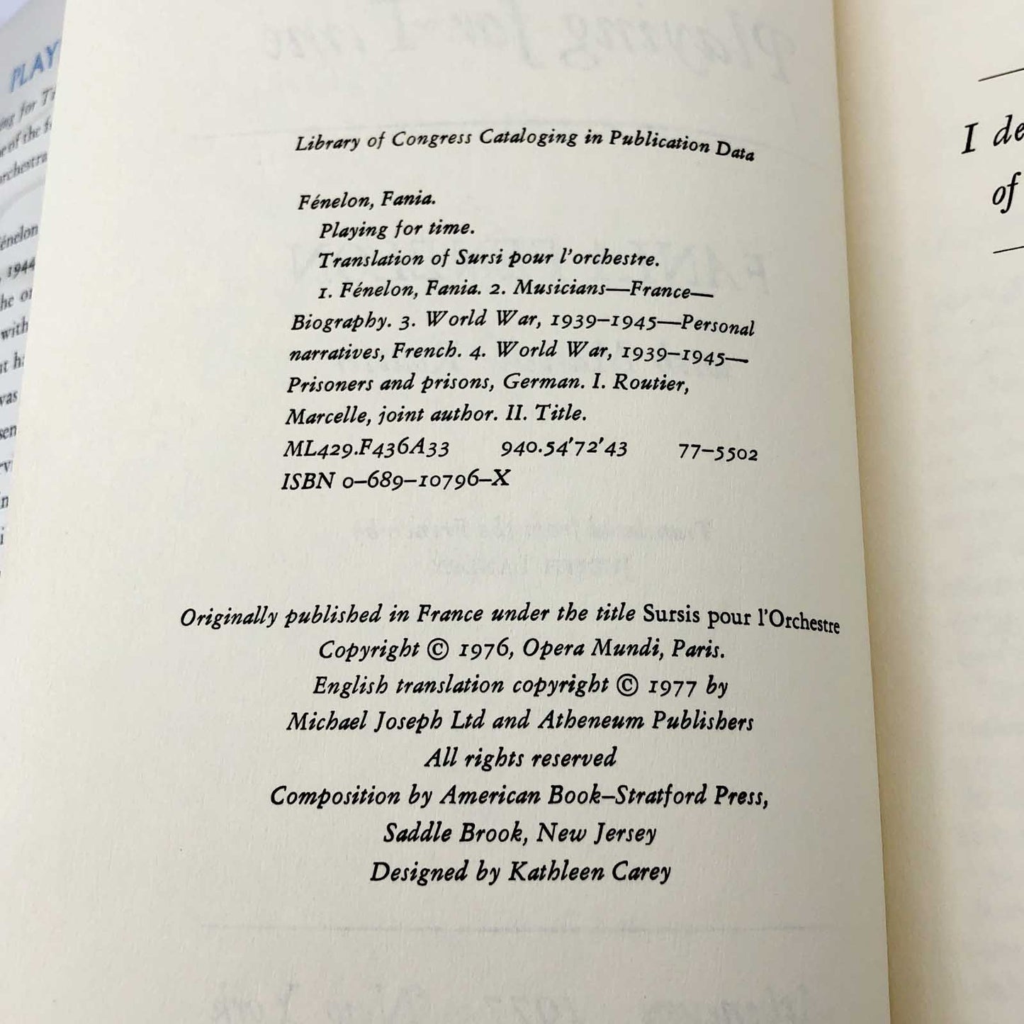 Playing For Time by Fania Fénelon w. Marcelle Routier [FIRST EDITION • FIRST PRINTING] 1977 • Atheneum
