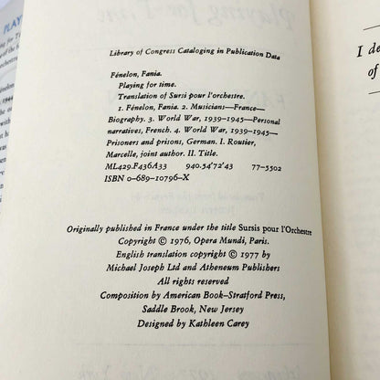 Playing For Time by Fania Fénelon w. Marcelle Routier [FIRST EDITION • FIRST PRINTING] 1977 • Atheneum