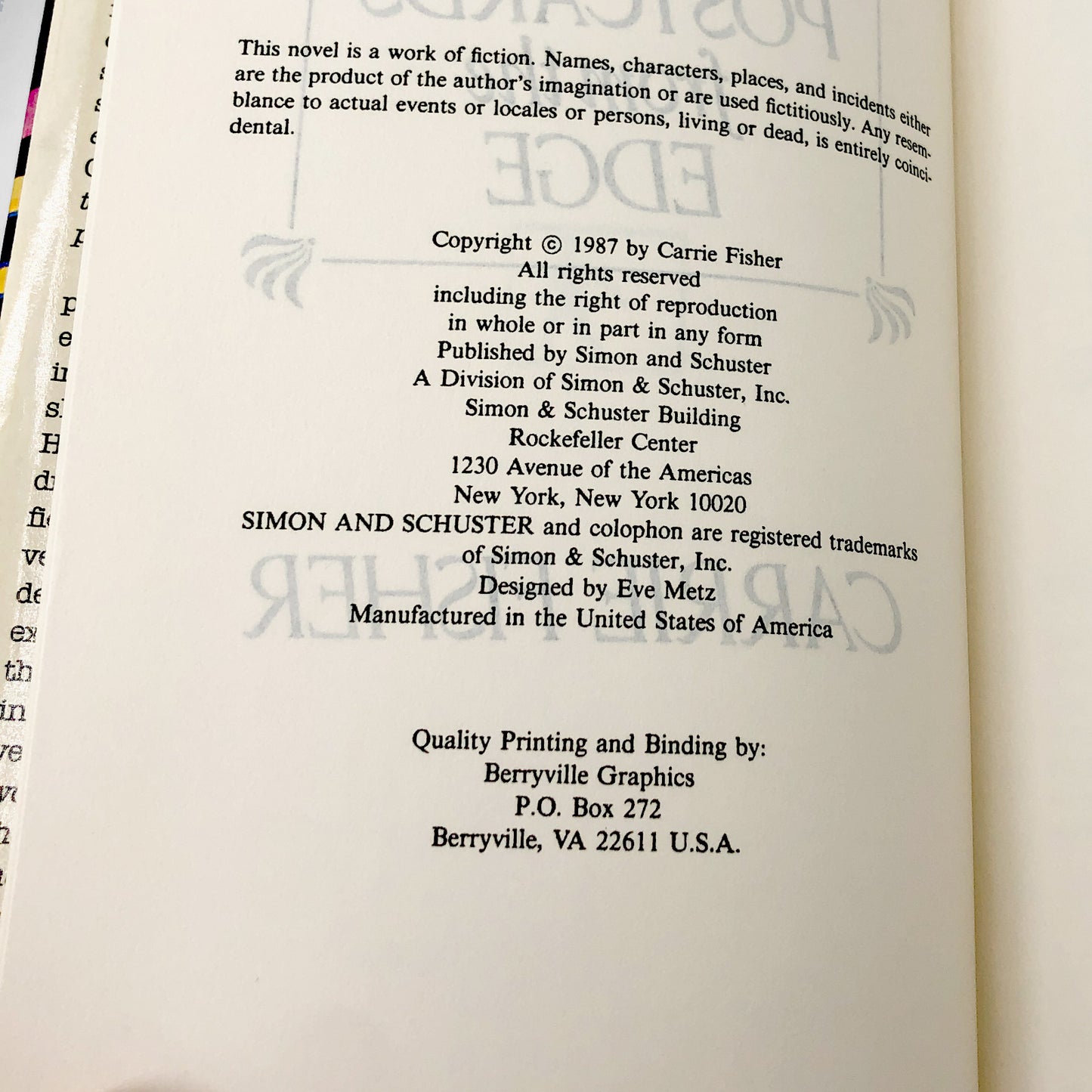 Postcards from the Edge by Carrie Fisher [1987 HARDCOVER] BCE • Simon & Schuster