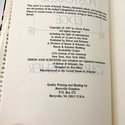 Postcards from the Edge by Carrie Fisher [1987 HARDCOVER] BCE • Simon & Schuster
