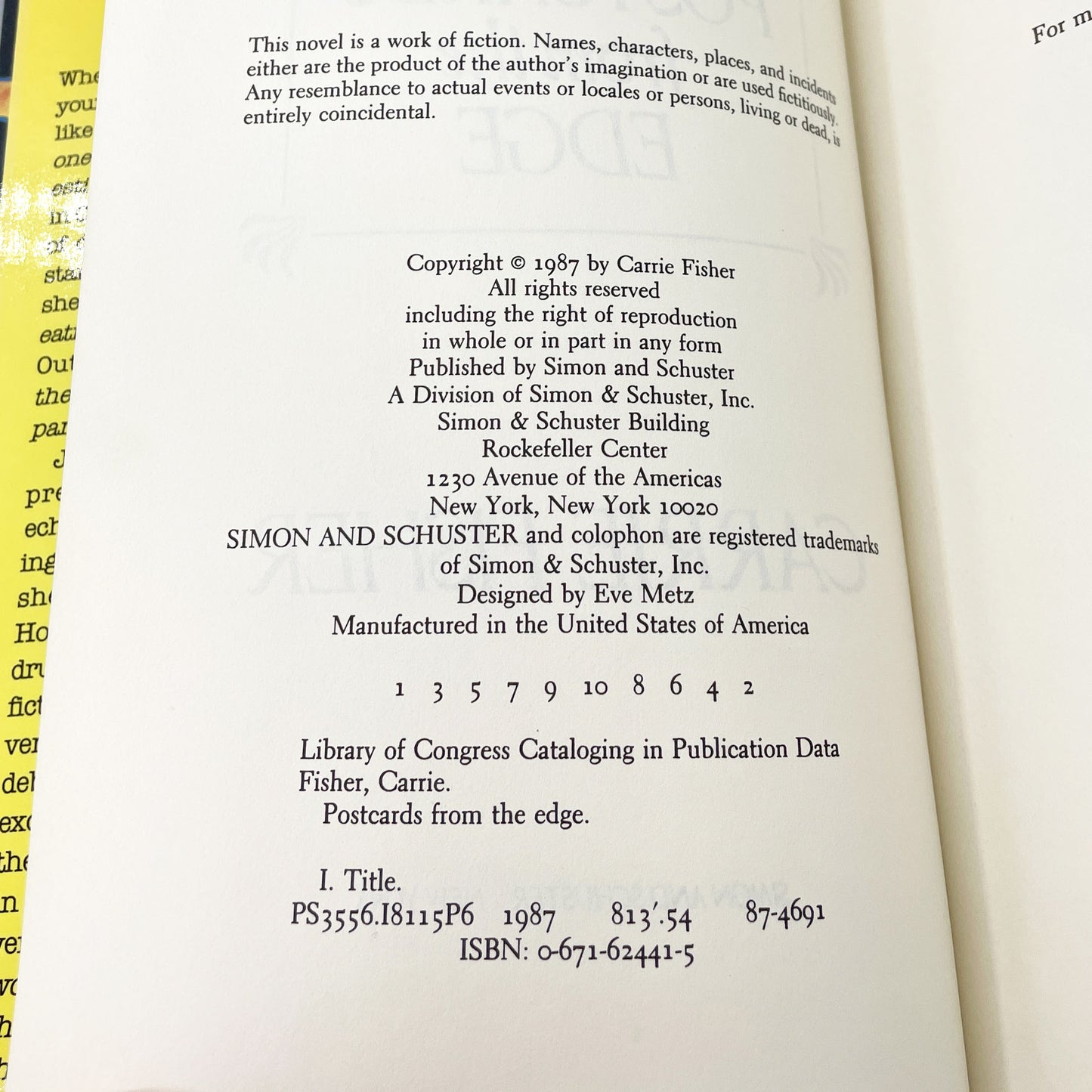 Postcards from the Edge by Carrie Fisher [FIRST EDITION • FIRST PRINTING] 1987 • Simon & Schuster