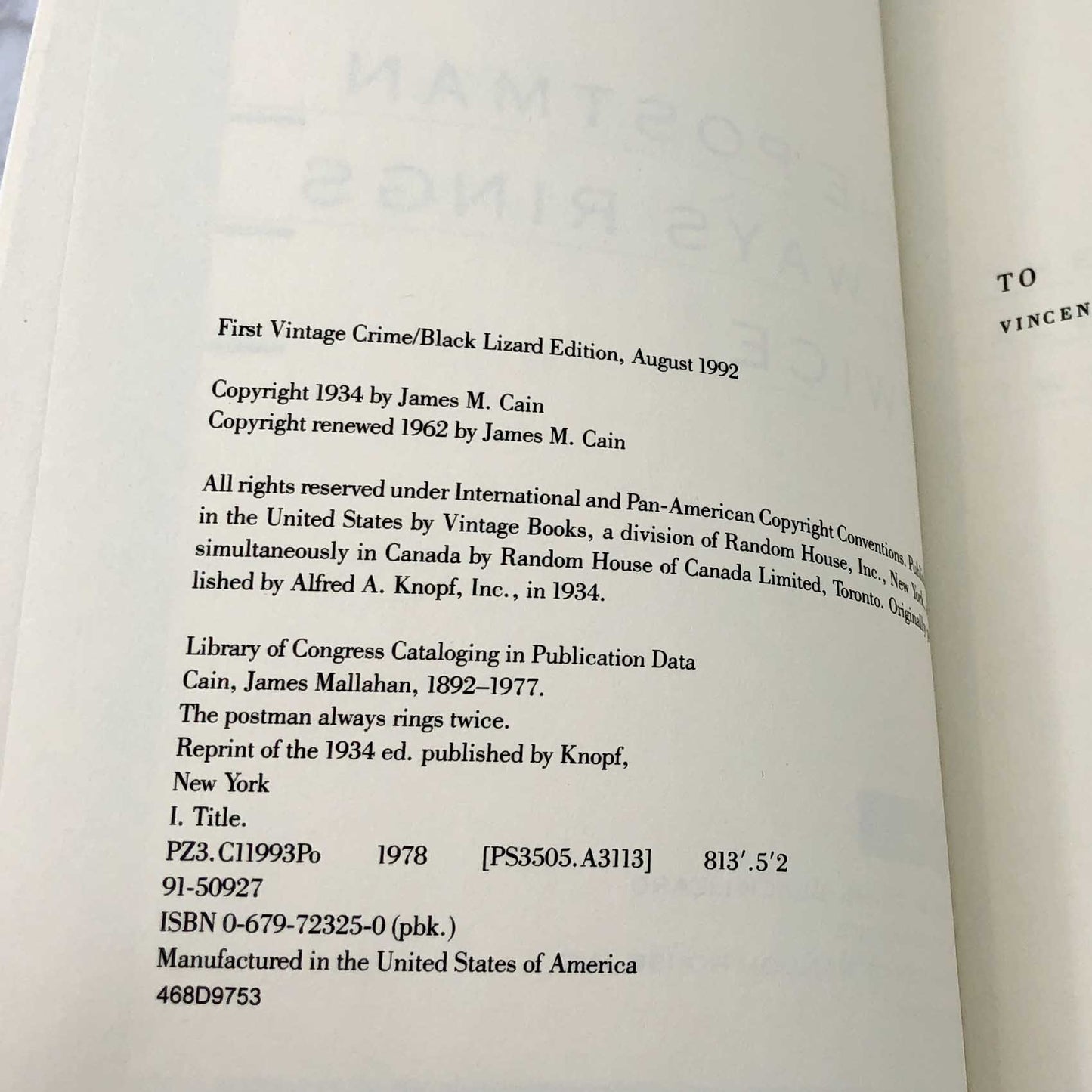 The Postman Always Rings Twice by James M. Cain [TRADE PAPERBACK] 1992 • Black Lizard / Vintage Crime