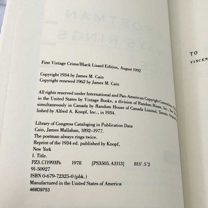 The Postman Always Rings Twice by James M. Cain [TRADE PAPERBACK] 1992 • Black Lizard / Vintage Crime