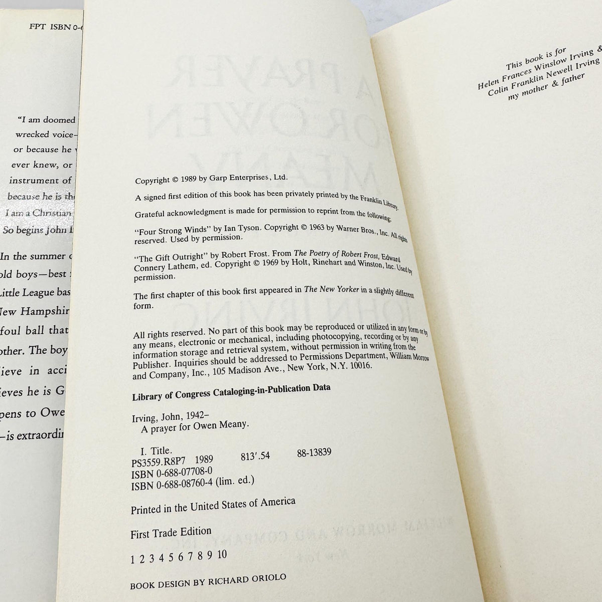 A Prayer for Owen Meany by John Irving [FIRST EDITION • FIRST PRINTING] 1989 • William Morrow
