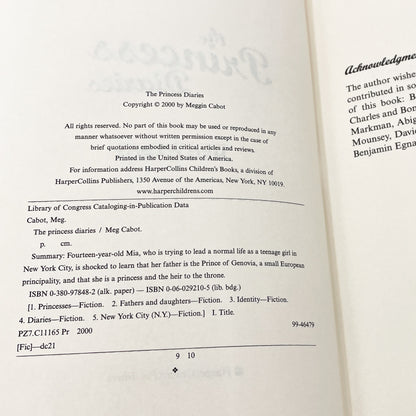 The Princess Diaries by Meg Cabot [FIRST EDITION] 2000 • HarperCollins