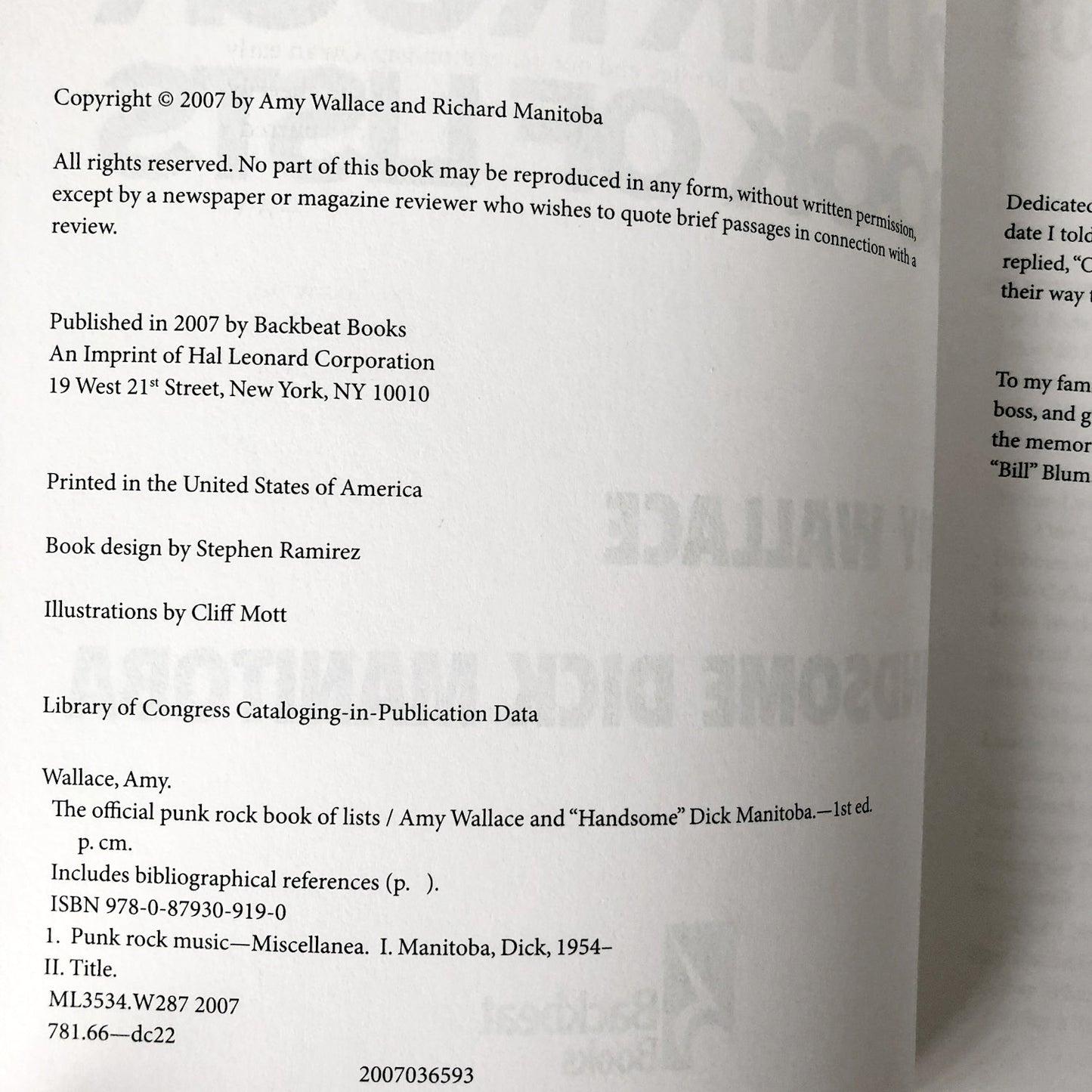 The Official Punk Rock Book of Lists by Amy Wallace & Dick Manitoba [FIRST EDITION] 2007 • Backbeat