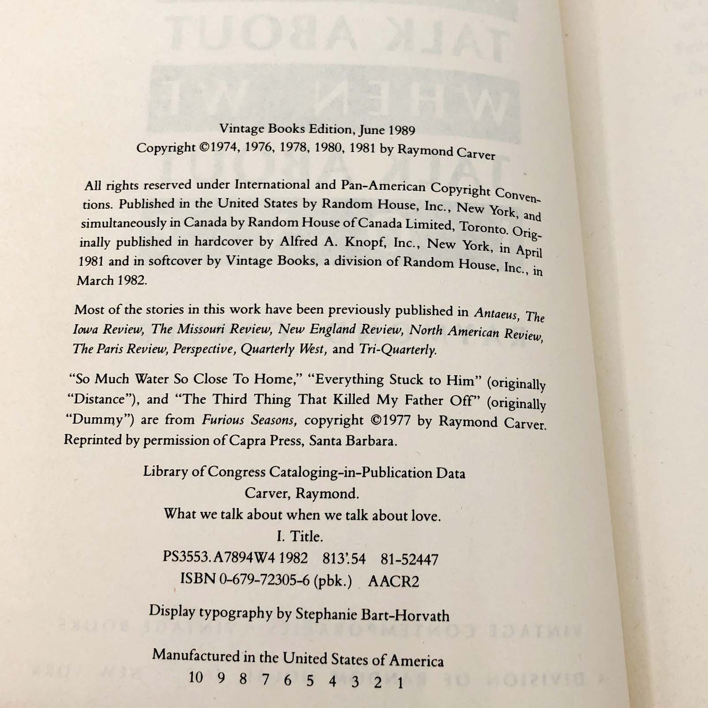 What We Talk About When We Talk About Love: Stories by Raymond Carver [TRADE PAPERBACK] 1989 • 1st Vintage Contemporaries Printing