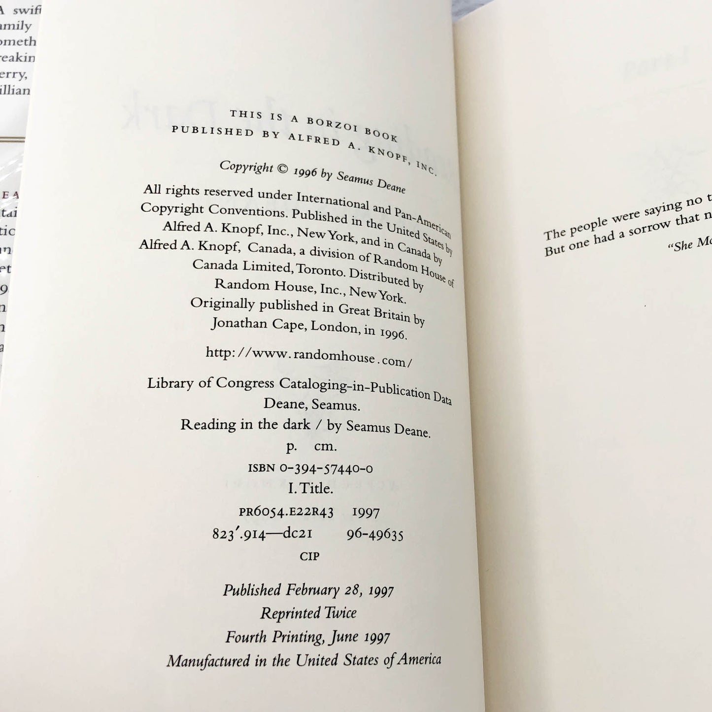 Reading in the Dark by Seamus Deane [U.S. FIRST EDITION] 1997 • Knopf