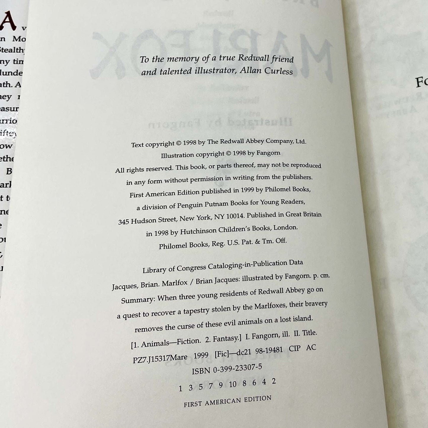 Marlfox by Brian Jacques [U.S. FIRST EDITION • FIRST PRINTING] 1999 • Philomel ❧ Redwall #11 *See Condition