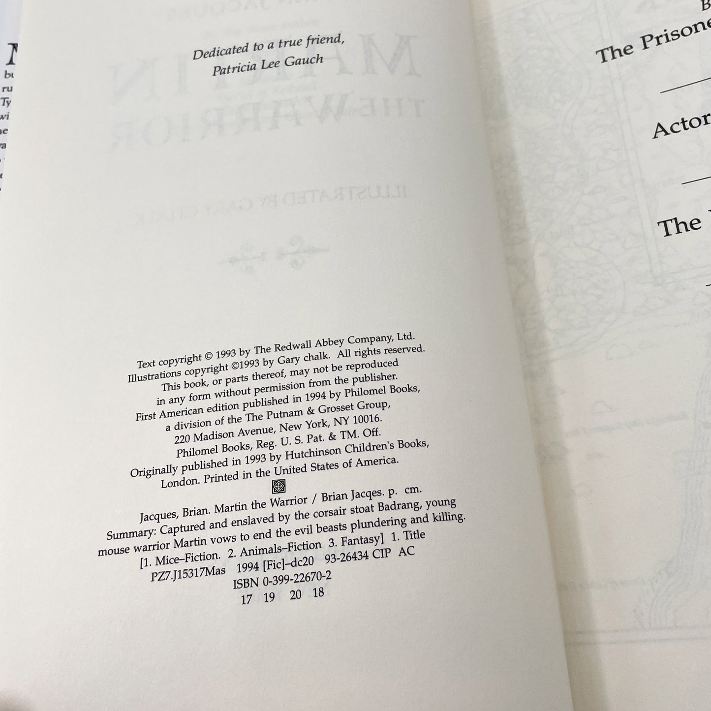 Martin The Warrior by Brian Jacques [FIRST EDITION] 1994 ❧ Philomel Books ❧ Redwall #6