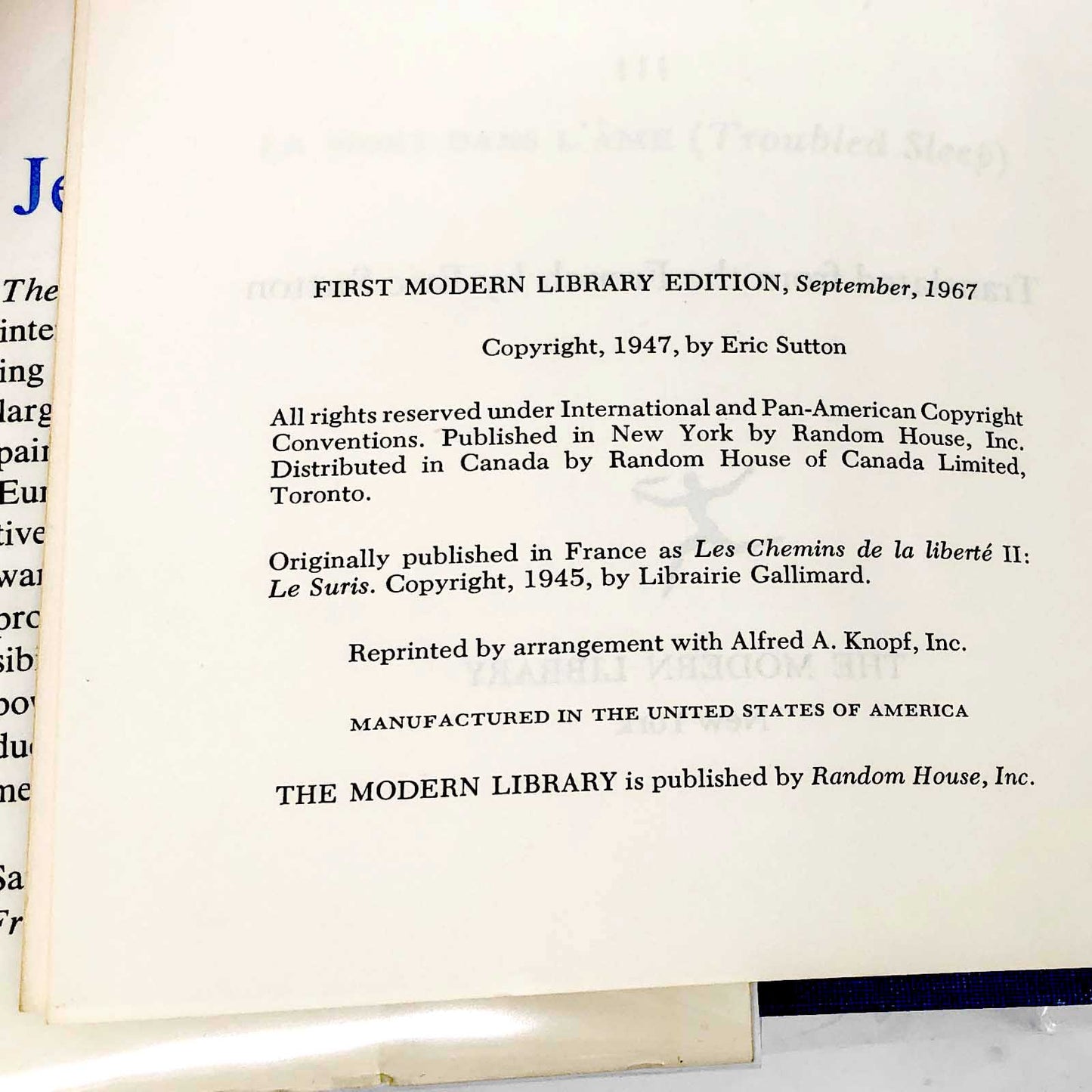 The Reprieve by Jean-Paul Sartre [1967 HARDCOVER] • The Modern Library