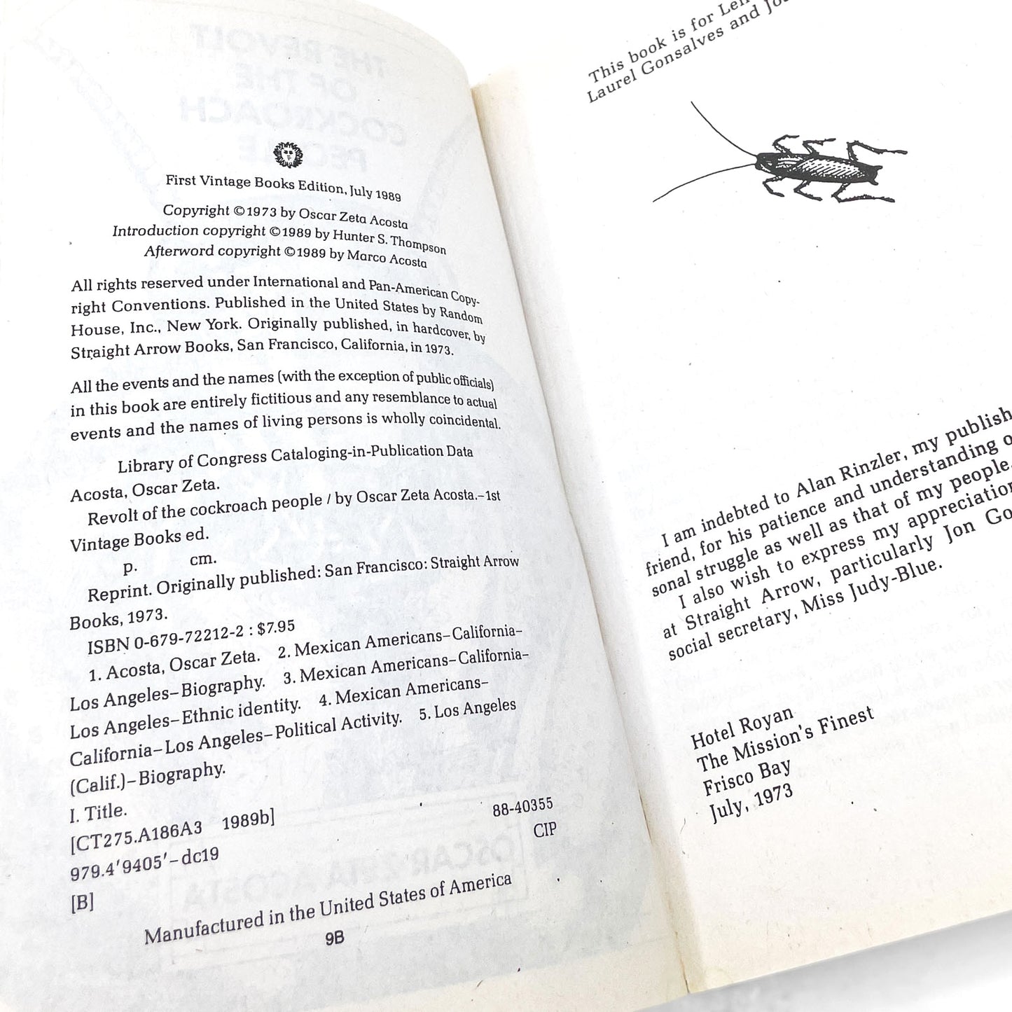 The Revolt of the Cockroach People by Oscar Zeta Acosta w. intro by Hunter S. Thompson [TRADE PAPERBACK] 1989 • Vintage Books