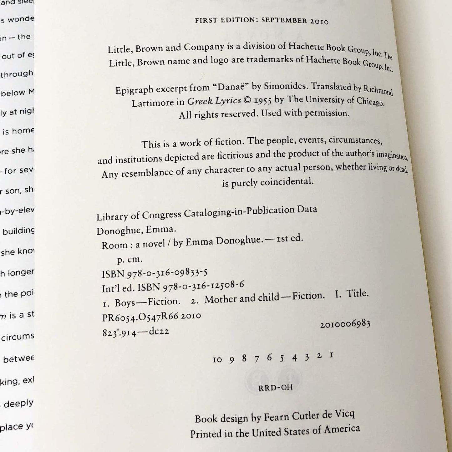 Room by Emma Donoghue [FIRST EDITION • FIRST PRINTING] 2010 • Little Brown & Co.