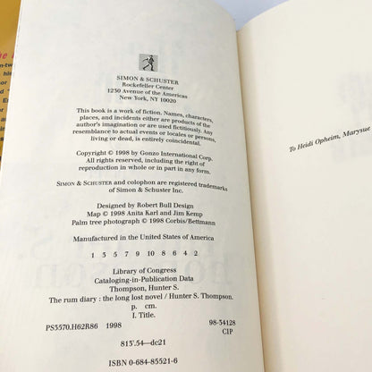 The Rum Diary by Hunter S. Thompson [FIRST EDITION • FIRST PRINTING] 1998 • Simon & Schuster