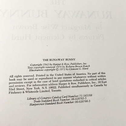 The Runaway Bunny by Margaret Wise Brown & Clement Hurd [HARDCOVER RE-PRINT] 1972 • Harper & Row