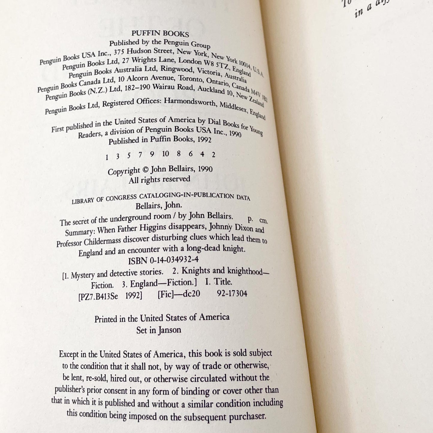 The Secret of the Underground Room by John Bellairs [FIRST PAPERBACK PRINTING] 1992 • Puffin