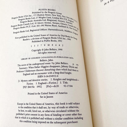 The Secret of the Underground Room by John Bellairs [FIRST PAPERBACK PRINTING] 1992 • Puffin