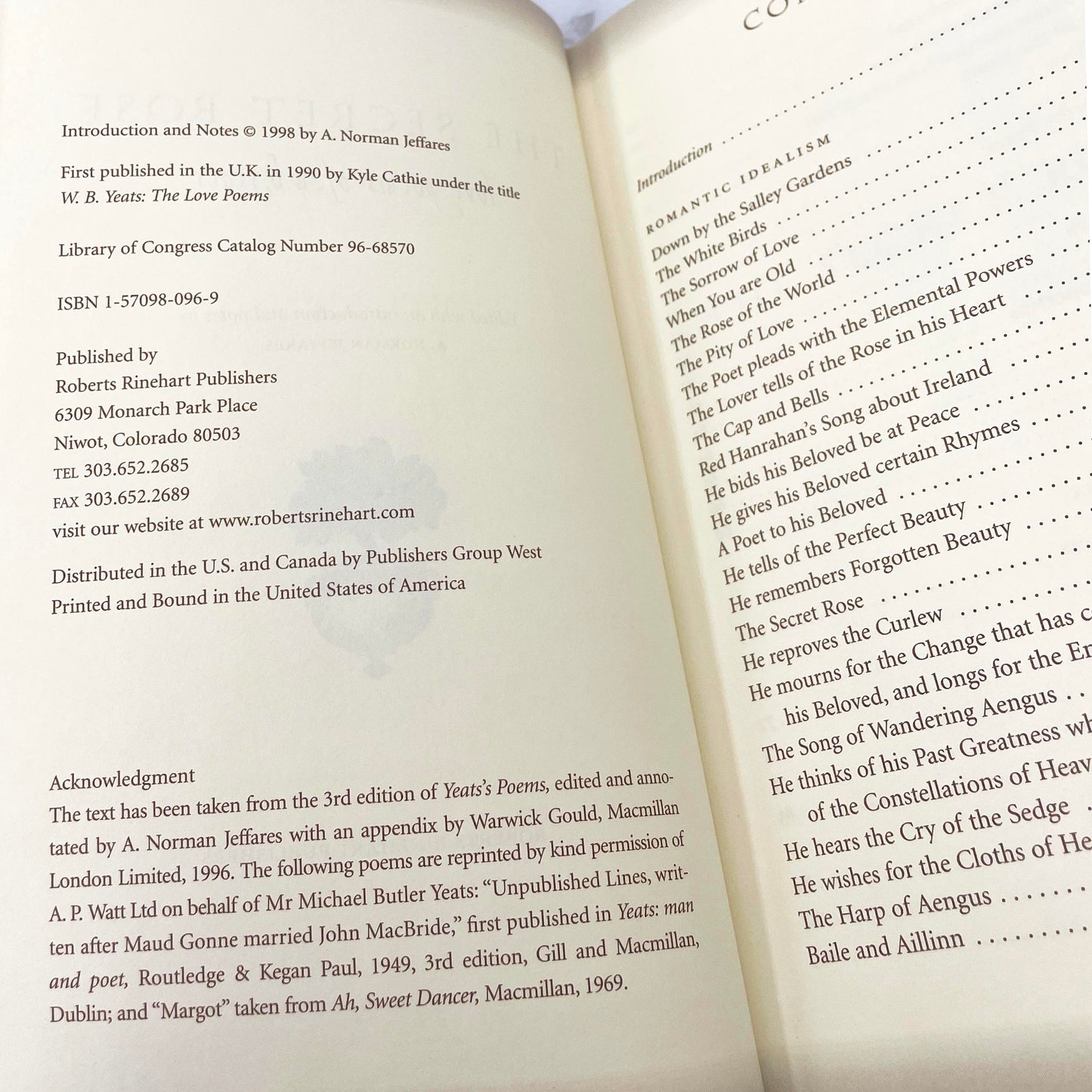 The Secret Rose: Love Poems of W.B. Yeats [U.S. FIRST EDITION] 1998 • Roberts Rinehart