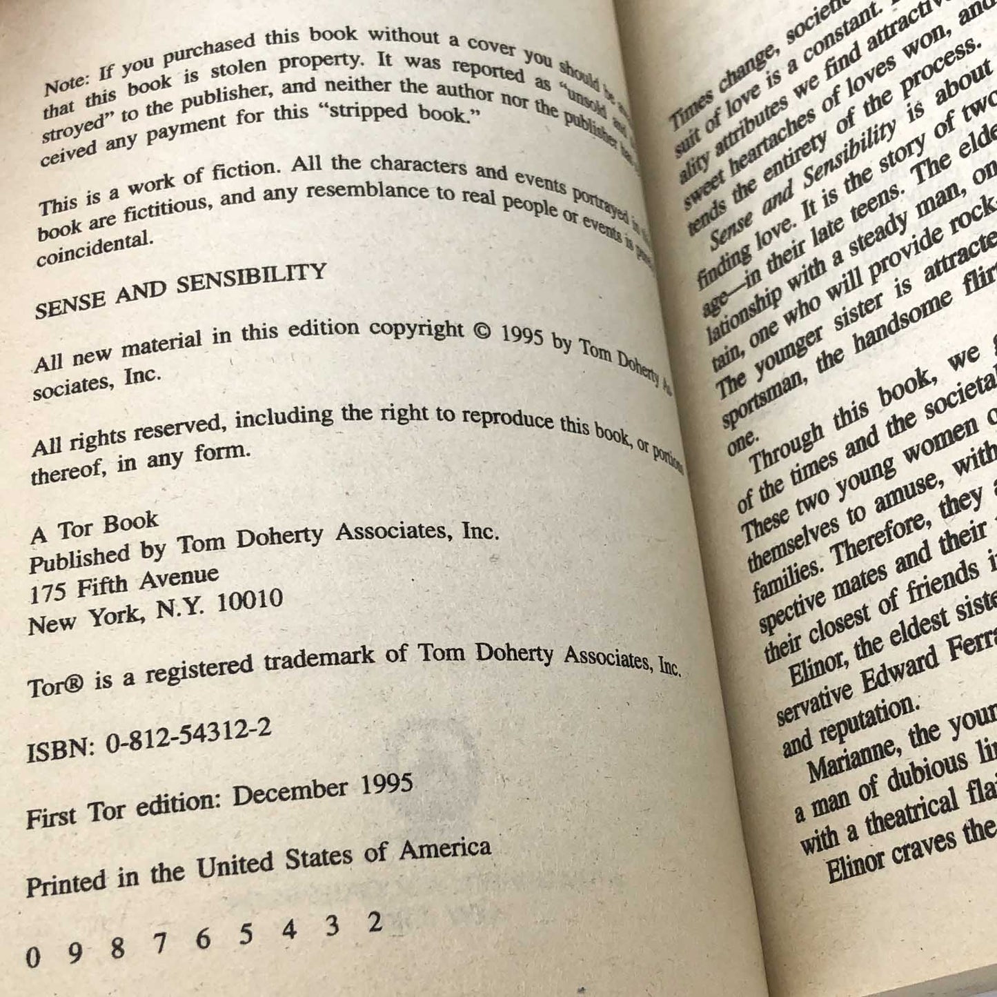 Sense and Sensibility by Jane Austen [TOR PAPERBACK] • 1995