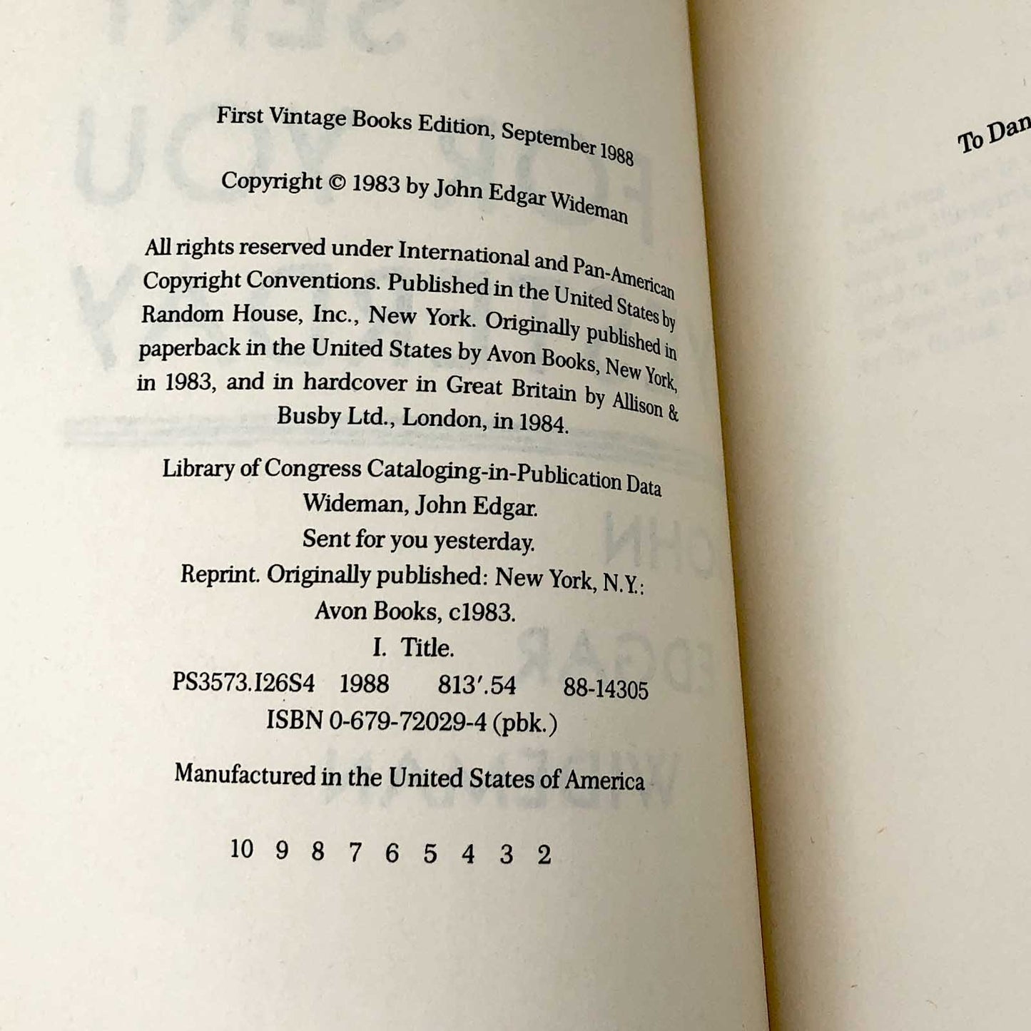 Sent For You Yesterday by John Edgar Wideman [TRADE PAPERBACK] 1988 • Vintage