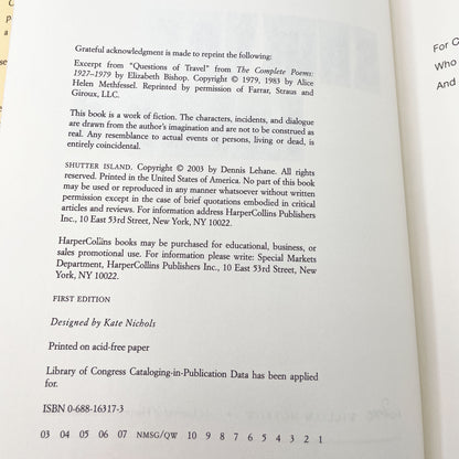 Shutter Island by Dennis Lehane [FIRST EDITION • FIRST PRINTING] 2003