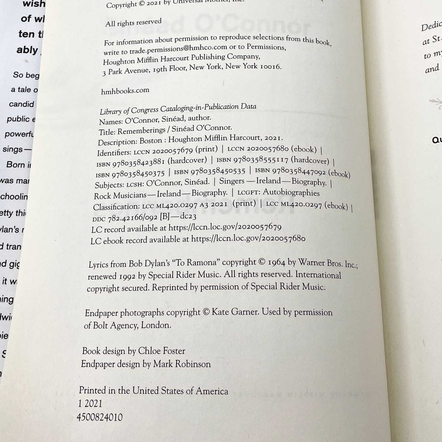 Rememberings by Sinéad O'Connor [FIRST EDITION • FIRST PRINTING] 2021 • Houghton Mifflin Harcourt