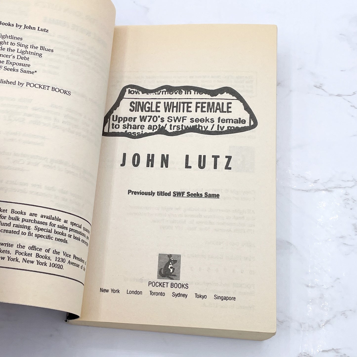 Single White Female 'aka' SWF Seeks Same by John Lutz [MOVIE TIE-IN PAPERBACK] 1992 • Pocket