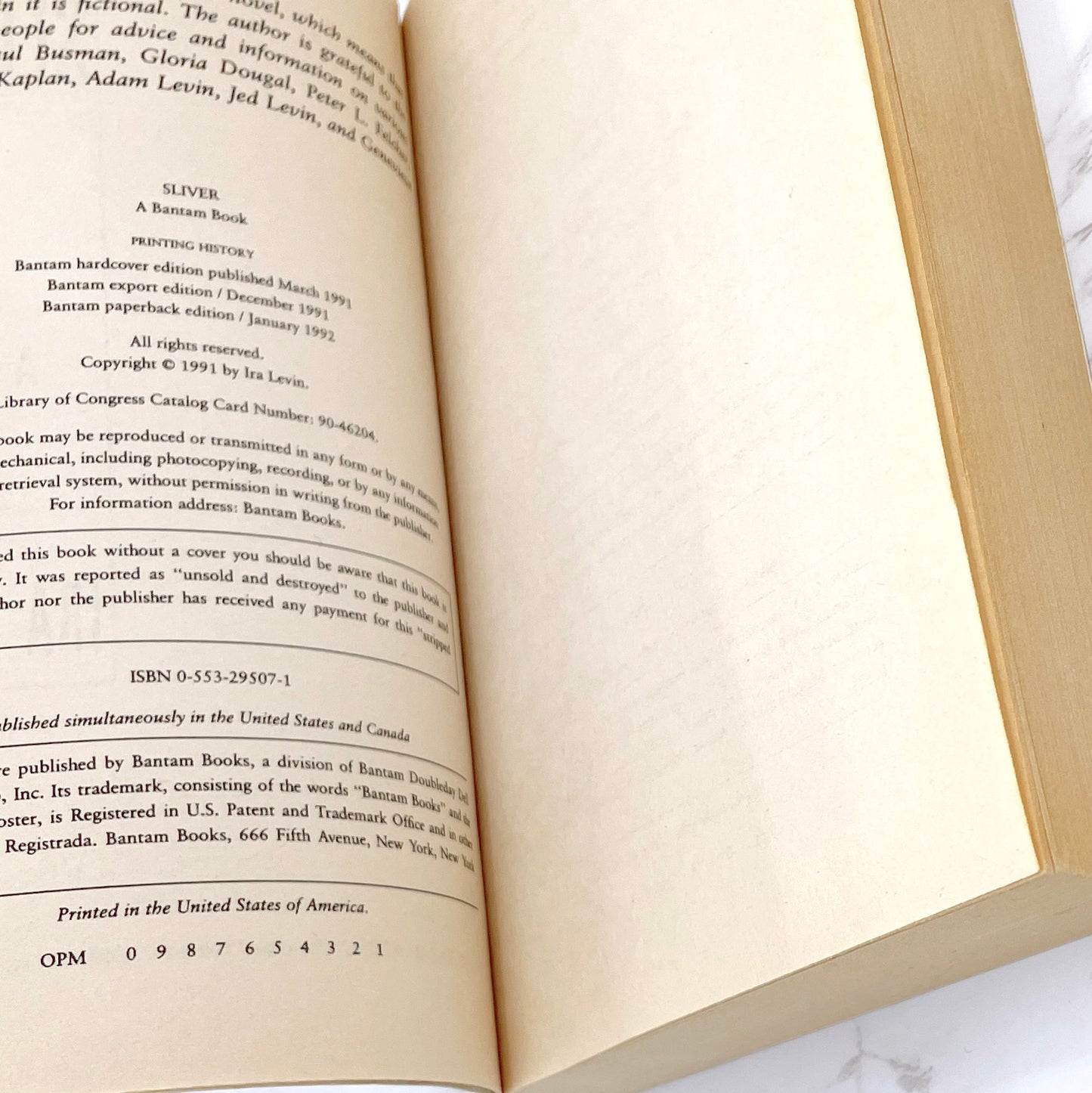 Sliver by Ira Levin [FIRST PAPERBACK PRINTING] 1991 • Signet