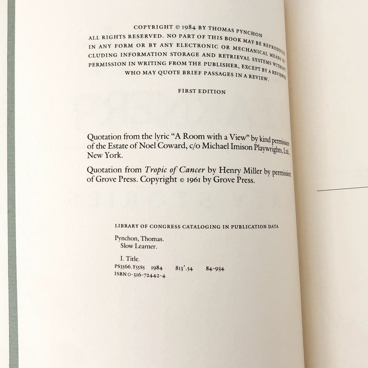 Slow Learner: Early Stories by Thomas Pynchon [FIRST EDITION • FIRST PRINTING] 1984 • Little Brown & Co