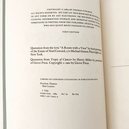 Slow Learner: Early Stories by Thomas Pynchon [FIRST EDITION • FIRST PRINTING] 1984 • Little Brown & Co
