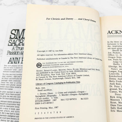 Small Sacrifices: A True Story of Passion & Murder by Ann Rule [FIRST EDITION • FIRST PRINTING] 1987 • NAL