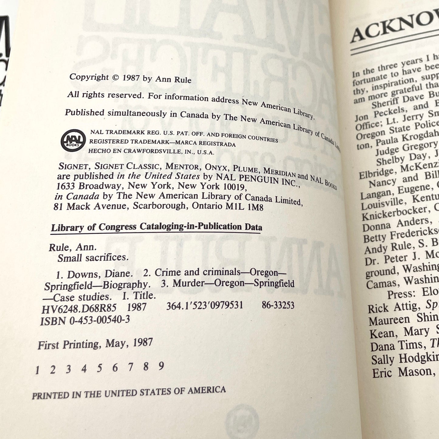 Small Sacrifices: A True Story of Passion & Murder by Ann Rule [FIRST EDITION • FIRST PRINTING] 1987