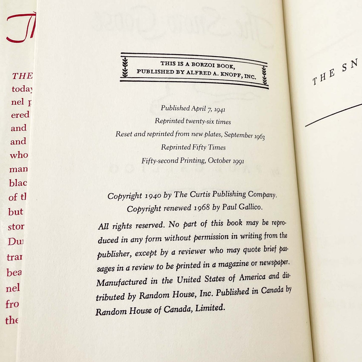 The Snow Goose by Paul Gallico [U.S. FIRST EDITION] • 51st Printing / 1991 • Knopf