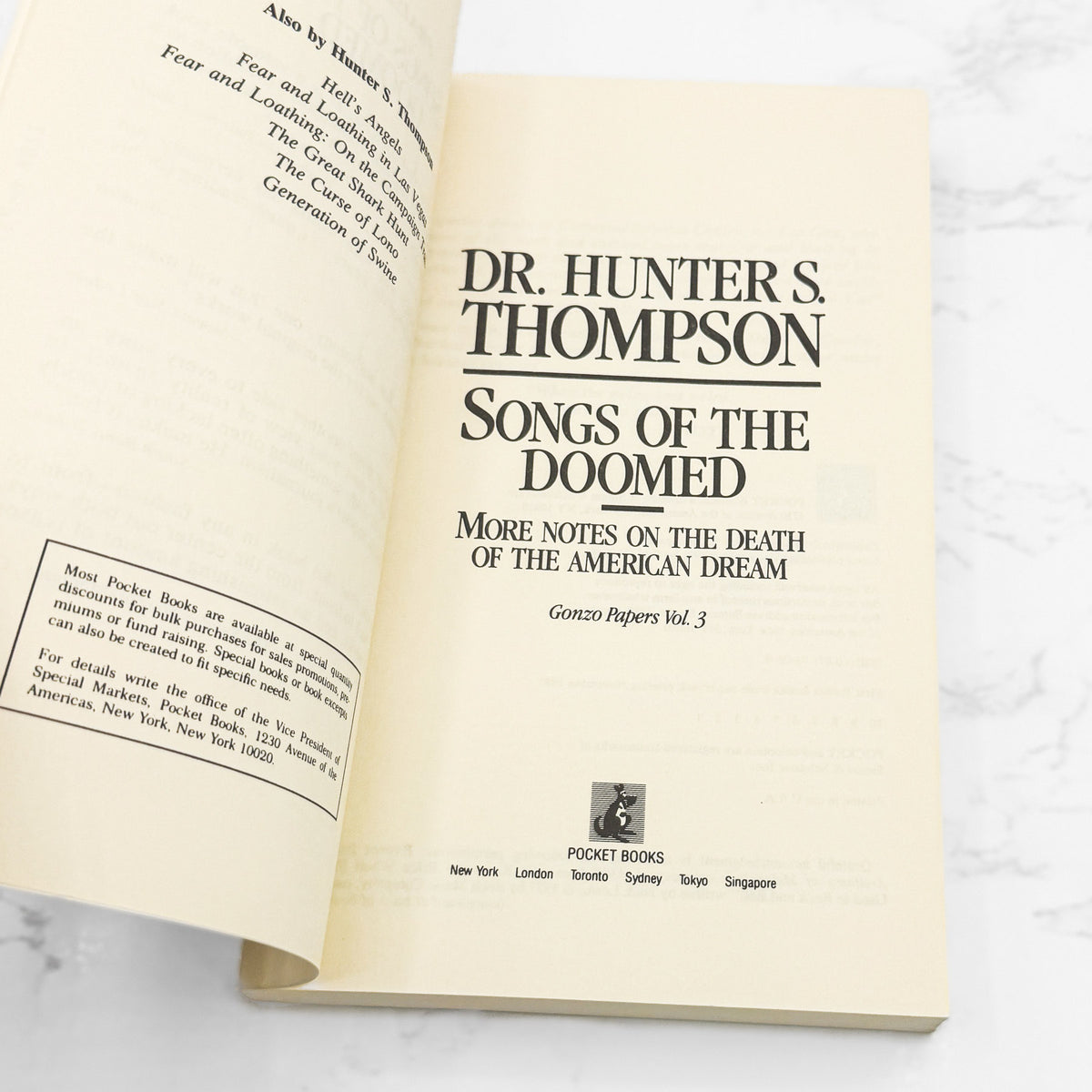Songs of the Doomed by Hunter S. Thompson [FIRST PAPERBACK PRINTING] 1991 • Pocket