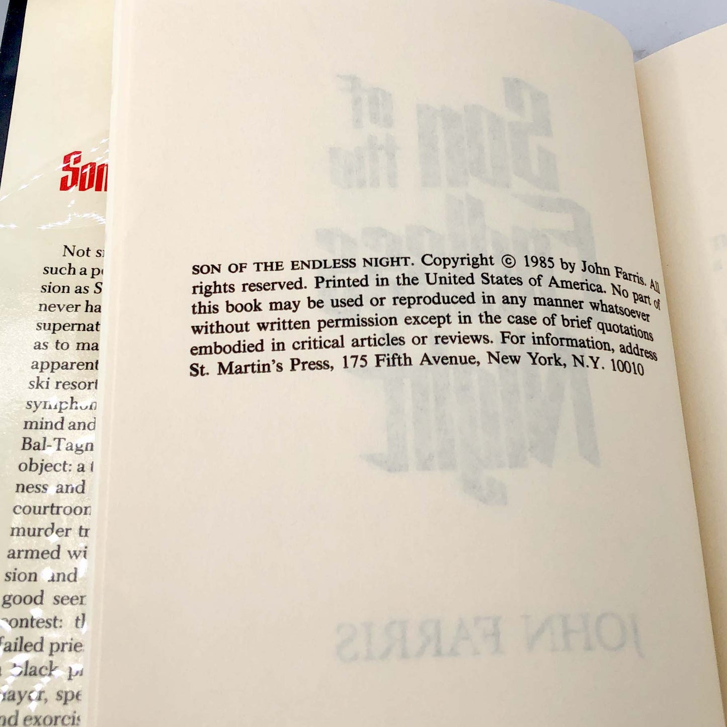 Son of the Endless Night by John Farris [1985 HARDCOVER] • St. Martin's